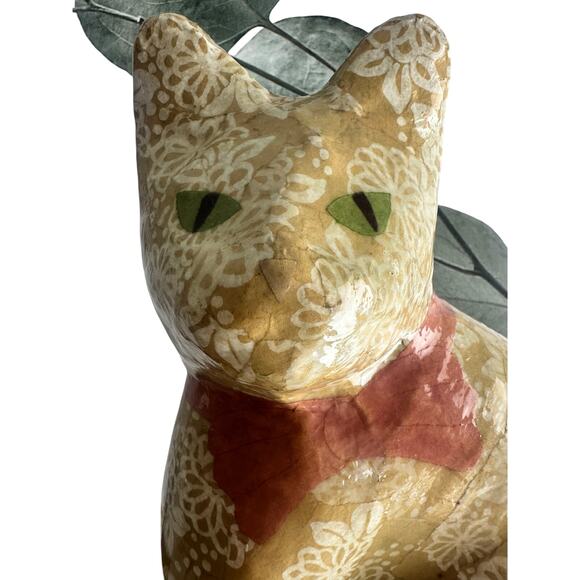 Papier (Paper) mache cat with bow made in Thailand 14" Tall 10" W Nonallergenic! - Picture 6 of 9